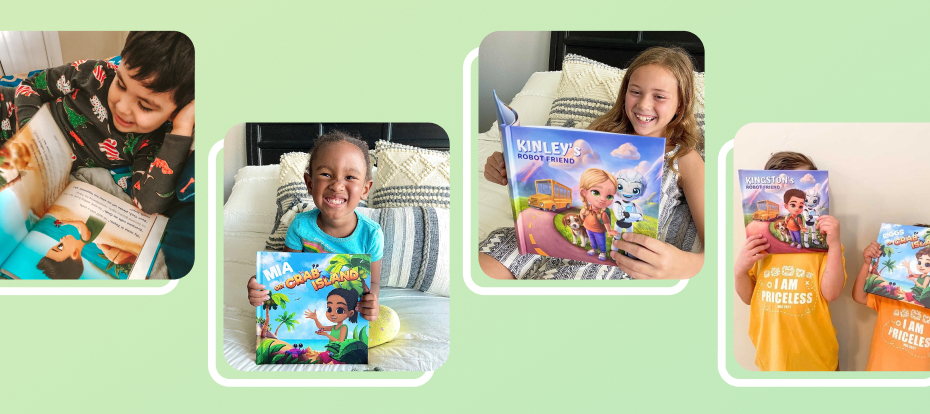 Happy children with their personalized children's books by LionStory
